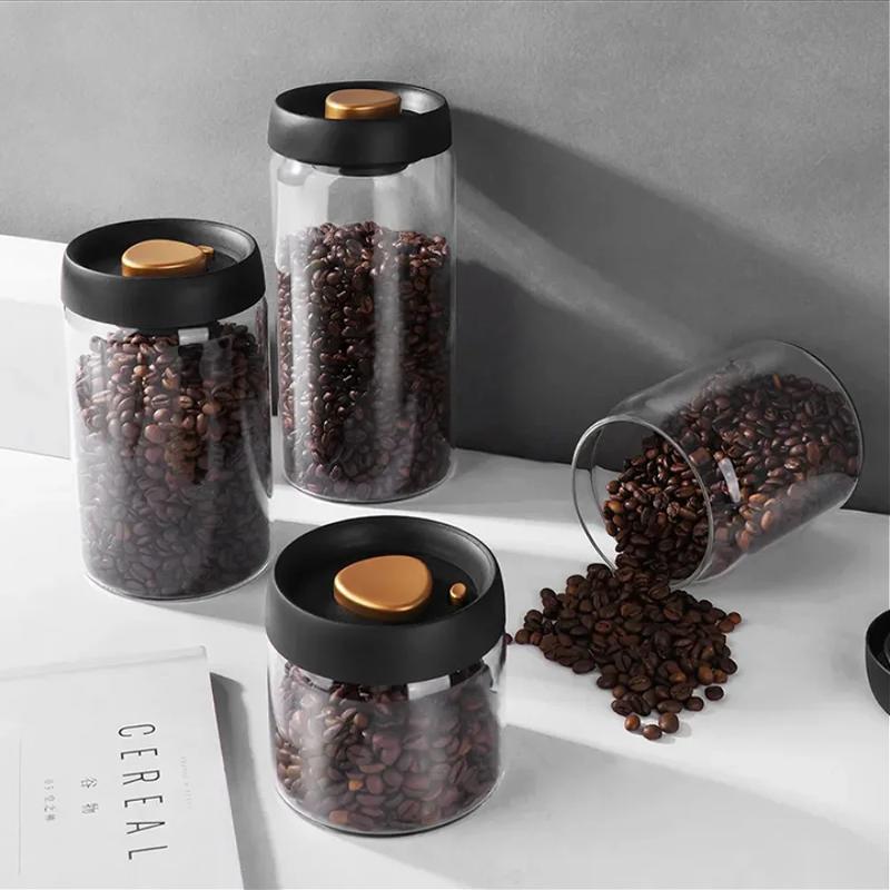 Coffee Bean Storage Container Compact Airtight Press-Down Vacuum Sealed Glass Jar for Small Apartment Kitchen Use