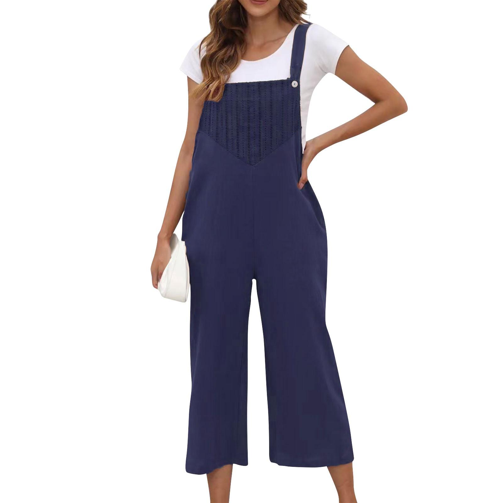 

Женские длинные повседневные цельные брюки со свободной спиной и карманами, лоскутный комбинезон XL тёмно-синий