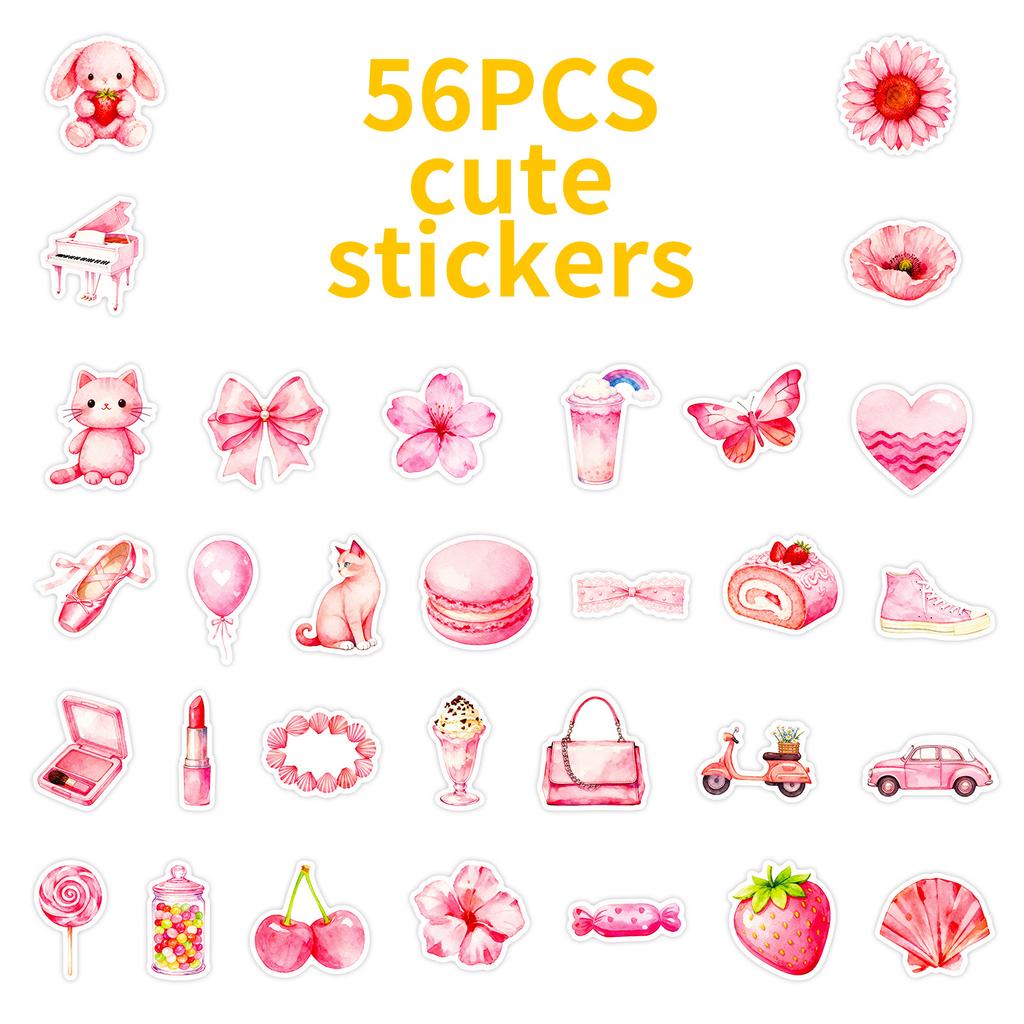 56 Watercolor Pink Cartoon Graffiti Stickers Girl Heart Account Notebook Decorative Material Stickers