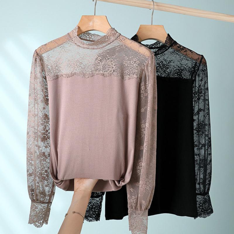 Qooth Frauen Langarm Spitze Mesh-Shirt Büro Dame Mode Elegante Soild Farbe Silm Gestrickte Top Für Frühling Herbst QT2031