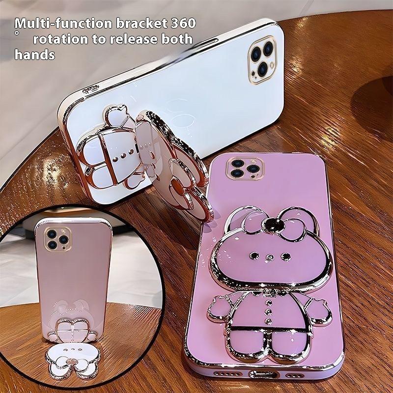 Cute Rabbit Mobile Phone Stand Foldable Mirror Bracket 360 Rotation Sticky Back Lazy Desktop Holders for Women Make Up Support