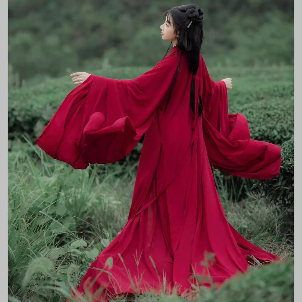 Elegant Chinese Traditional Hanfu Set, Flowing Wide Sleeve Robe with Trailing Straight Hem, Cold Style Fairy Photography Outfit