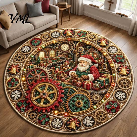 Washable Christmas Area Rug Round 3D Rug, Optical Illusion Santa Gnome Non-slip Play Mat for Toddlers Pattern, Holiday Floor Living Room Entryway