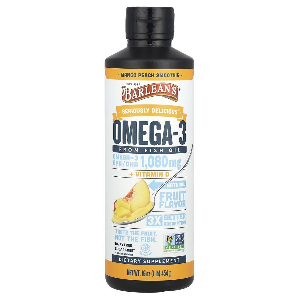 Barlean'S, Seriously Delicious®, Omega-3 + Vitamin D from Fish Oil, Mango Peach Smoothie, 454 G (16 Oz)