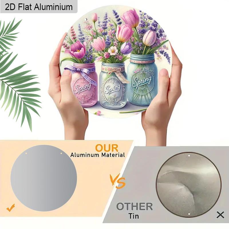 2D Flach 1 Stück Frühling Pastoral Vase Aluminiumschild Rund Dekoratives Hängendes Ornament, Haus Küche Garten Balkon Zaun Dekoration, Gärtnerei Studio Dekoration