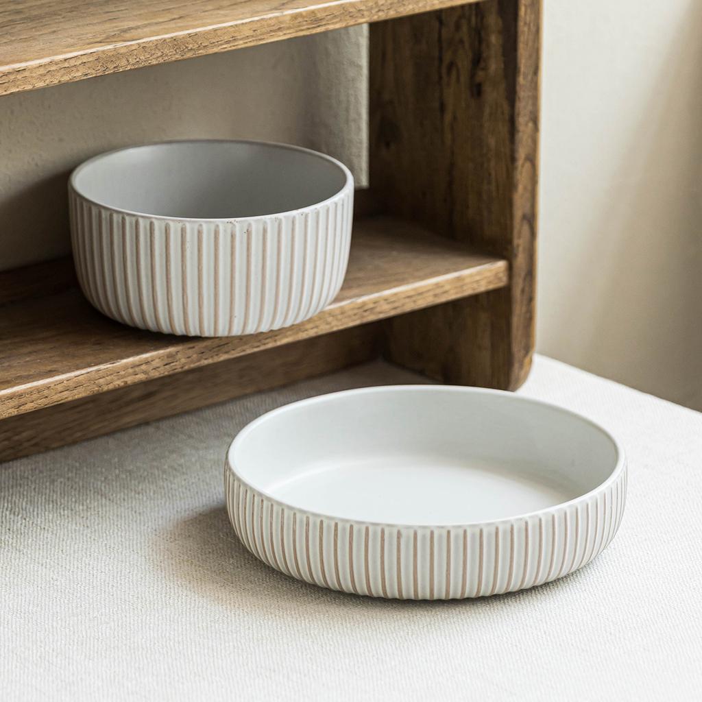 Embossed Vertical Bowl Set Ceramic Bowl Large Plate Household Dish Bowl Vegetable Plate Tableware Round Salad Bowl