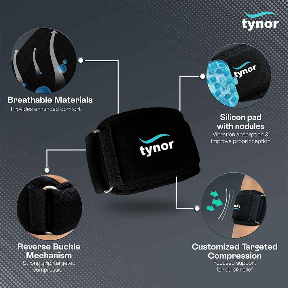 TYNOR Tennis Elbow Support, with Adjustable Compression for Pain Relief & Elbow Stability | for Sports, Gym, Running, Training & Injury Recovery