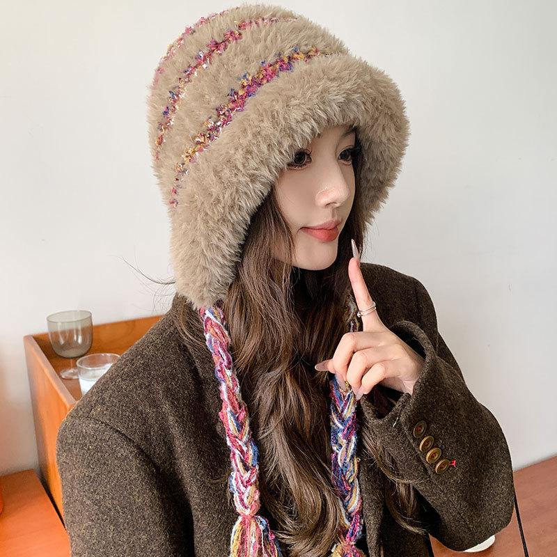 

Knitted Warm Hat Ladies Winter Color Thread Ear Protectors Thickened Cold-proof Ski Cap Outdoor Plush Cap Cold and warm elastic