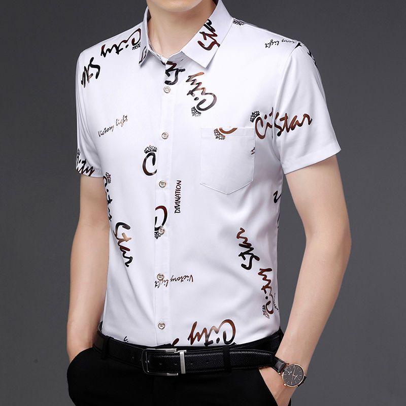 Fashion Men Short Sleeve Smooth Shirt Summer New Letter Male Clothes Streetwear Business Casual Lapel Loose Quick Dry Casual Top