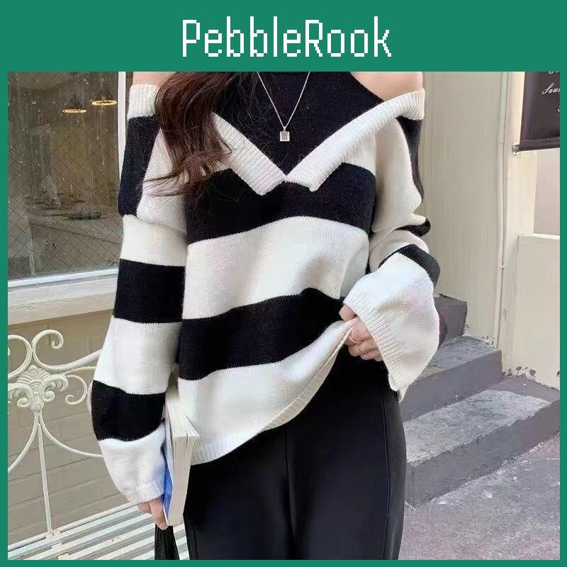 Pullover 2023 Sweater Women Fashionable Pullover Sweater Top Off Shoulder Stripe Sweater Women Autumn Pullover