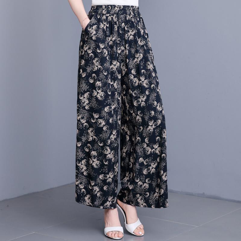 Women's Plus Size Cotton Silk Printed Wide Leg Pants, Elastic Waist Casual Summer Trousers (XL-5XL)