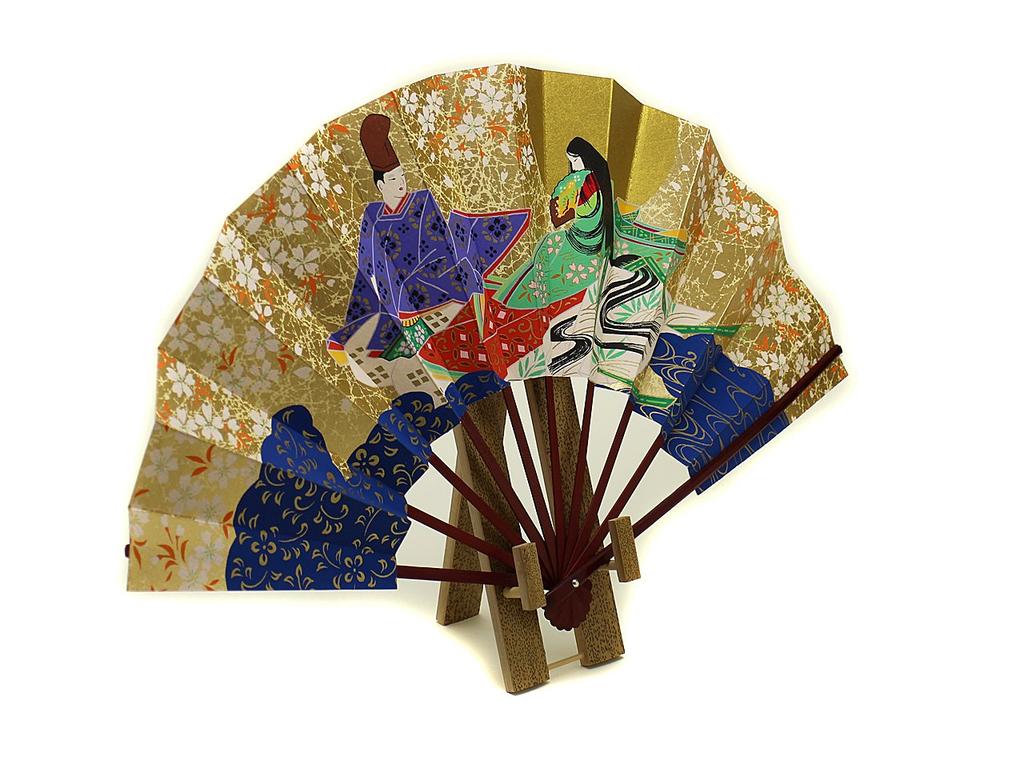 decorative fan featuring the Tale of 9 made in with a fan stand and This fan features a Japanese pattern and is perfect for entryway interior or as a