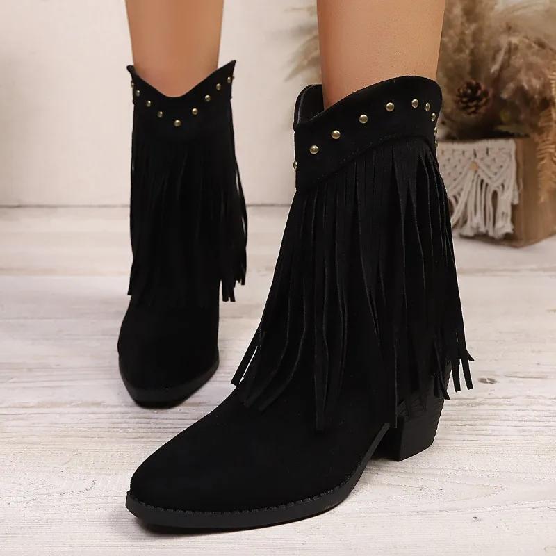 Womens Mid-calf Boots Retro Suede Casual Boot Tassel Design Women Boots Classic Retro Western Cowboy Boots for Women Botas Mujer