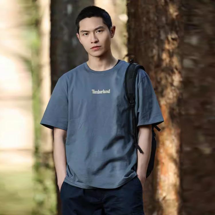 Timberland Fun Camping Pattern Printed Casual Round Neck American Vintage Short Sleeve T-Shirt Unisex Tops Rock-Blue A5UWK-DH3