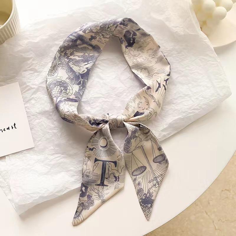 Small White And Tender Green Silk Scarf For Women, Thin Streamer, Headband, Hair Tie, Bag Decoration Long