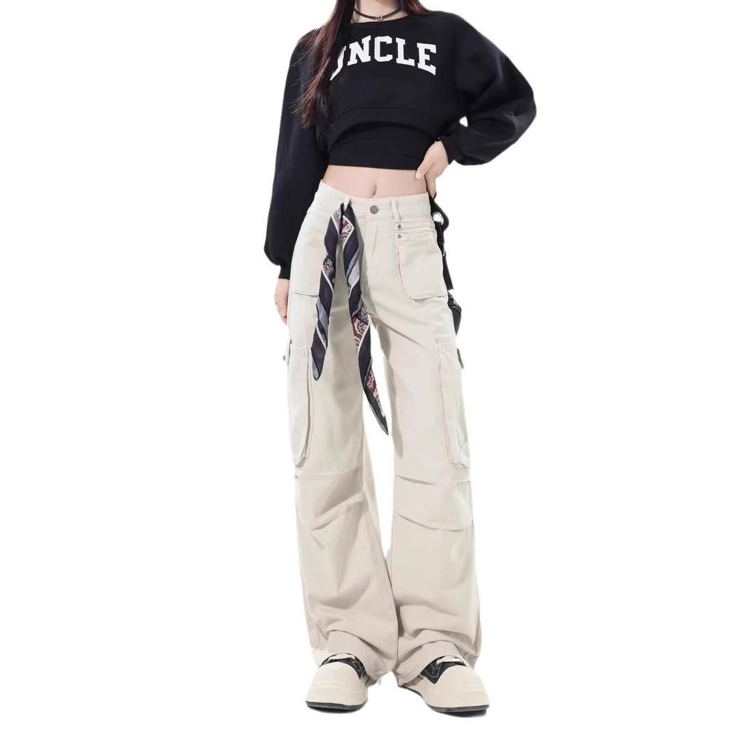 Women's Early Spring Apricot Cargo Jeans: New Design, Multi-Pocket, Loose, Wide-Leg, Floor-Length