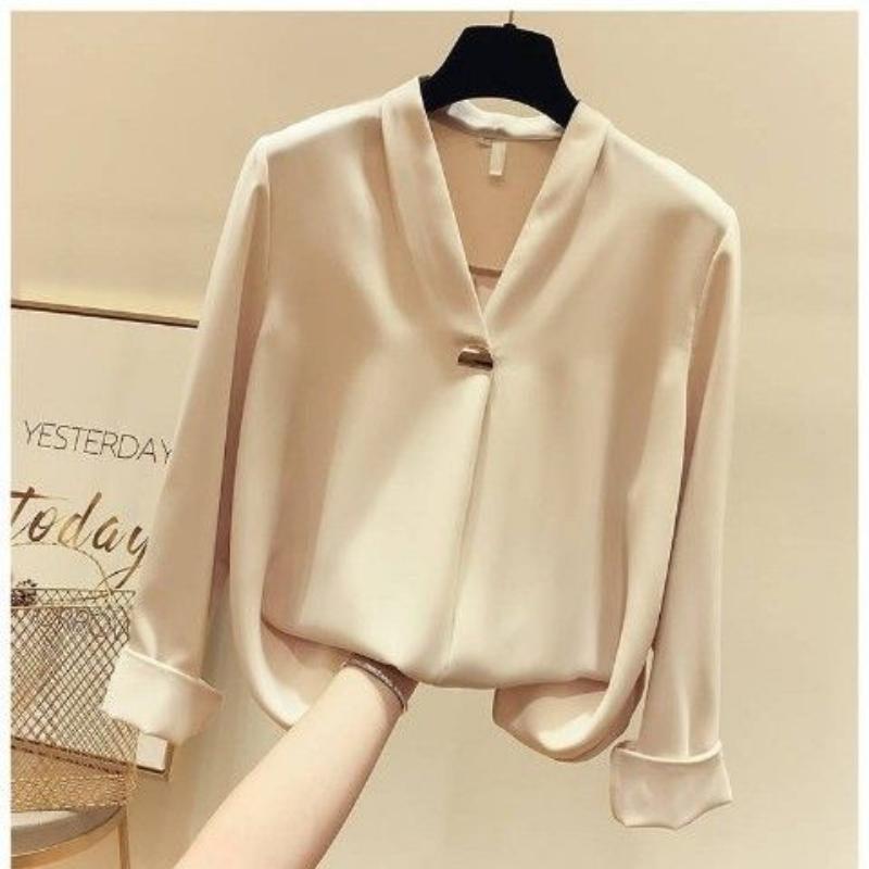 

Однотонная свободная рубашка с v-образным вырезом, женская белая рубашка со средним рукавом, женская рубашка, закрывающая живот, женская тонкая блузка 2XL абрикосовый