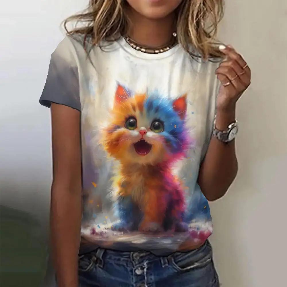 Summer Women's T Shirt Outdoor Fashion Round Neck Short Sleeve 3D Animal Cat Stereoscopic Printing Women's Clothing Shirt