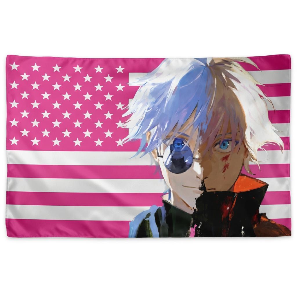 Japanese Anime Style Cool Guy Tapestry Flat Print Pink Star Stripe Flag Wall Art For Living Room Bedroom Dormitory Decor