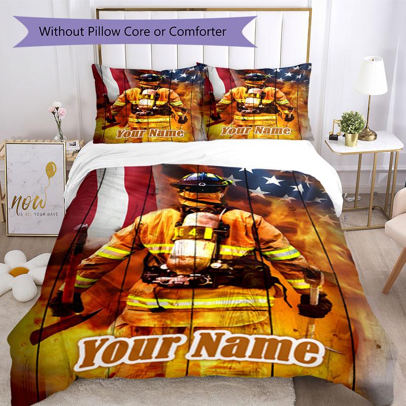 3PC Custom Name Firefighter's Valor Bedding Set Duvet Cover Closure Includes 1 Duvet Cover & 2 Pillowcases for Bedroom