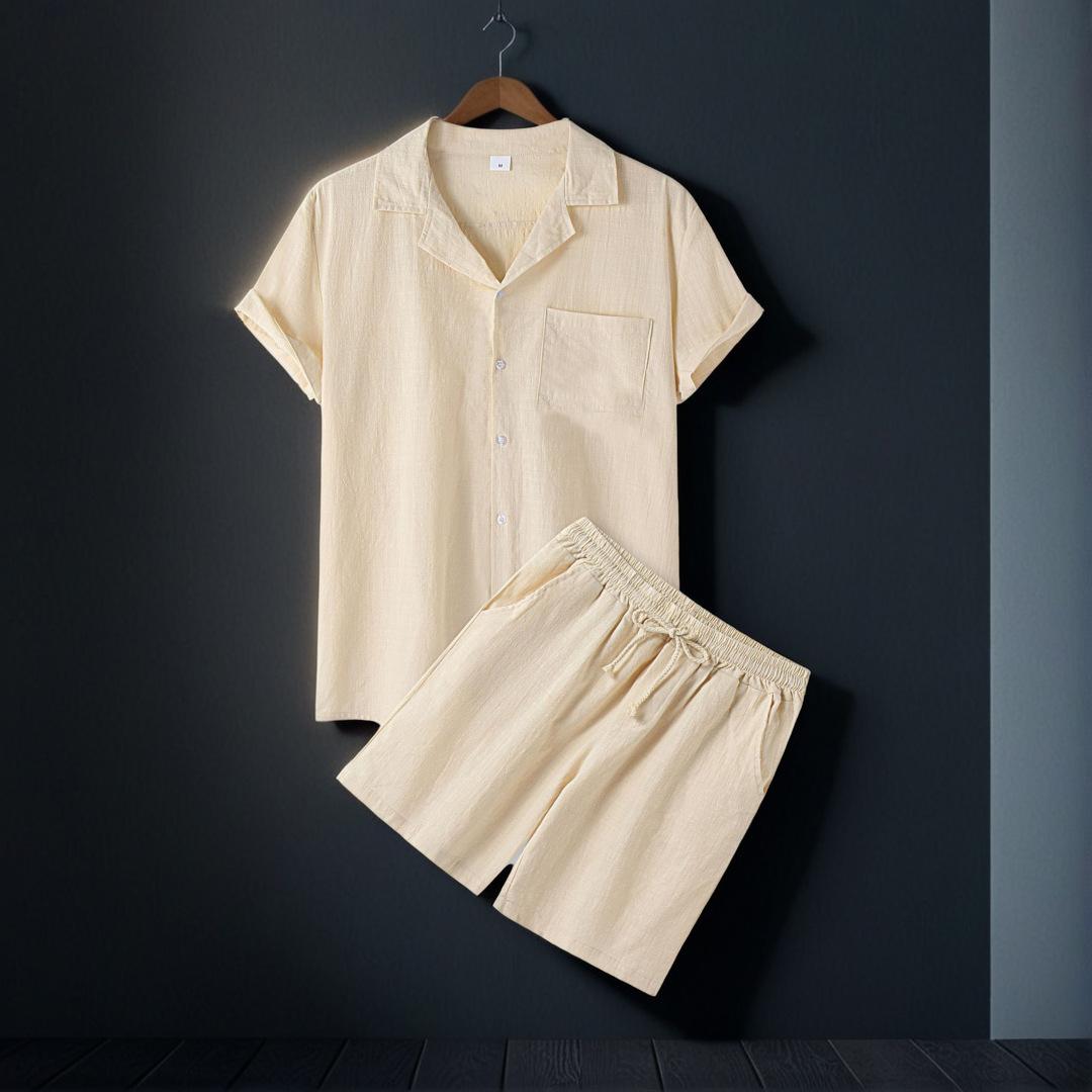 

Мужской хлопковый однотонный гавайский модный костюм с рубашкой с коротким рукавом и воротником и шортами, комплект из двух предметов L бежевый