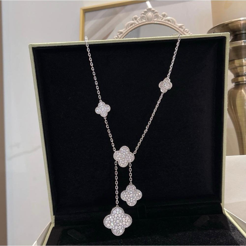 Light Luxury Large Full Diamond Four-leaf Flower Necklace Pendant Long Elegant Super Fairy Jewelry