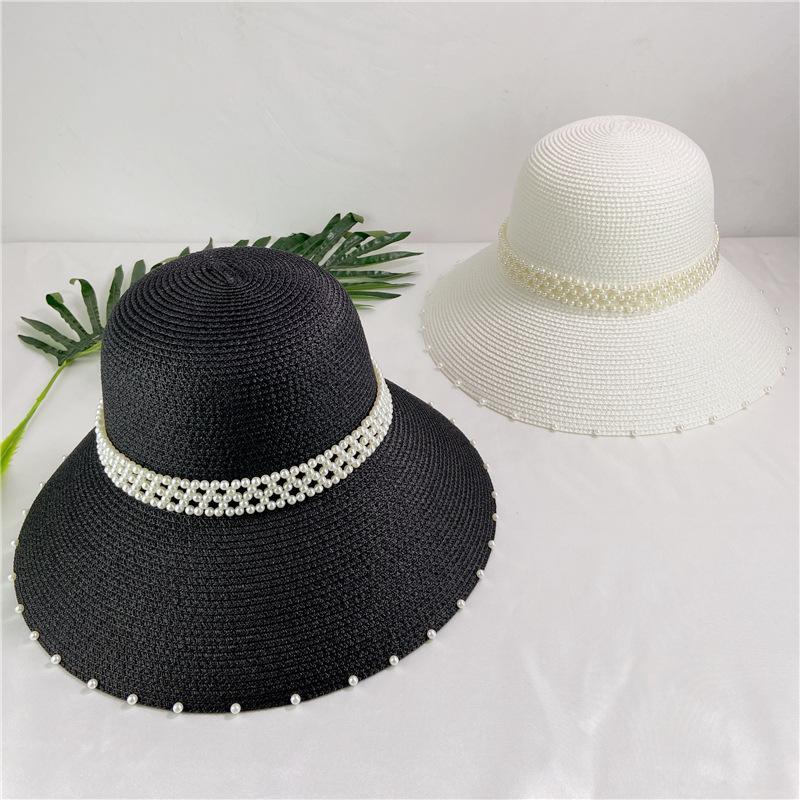 Hepburn style retro French pearl straw hat seaside vacation sun protection beach hat bucket hat big brim sun hat