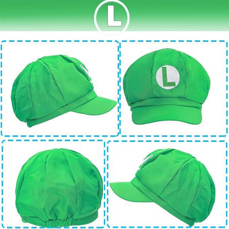 Mario Character Green Octagonal Cap with Navy Blue Strap, Mustache, and Gloves Costume Accessory Set