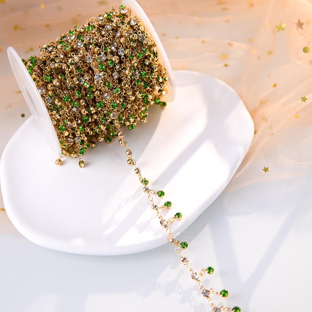 1Meter Shiny Green Crystal Charm 4mm Rhinestone Beads Copper Chain DIY Necklace Bracelet Beaded Chain Jewelry Making Accessories