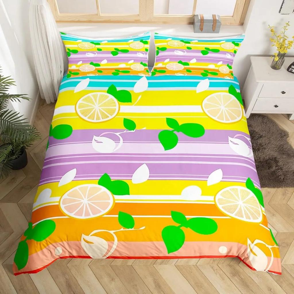 Lemon Duvet Cover Queen King Size For Girls Teens 3 Pcs Summer Cool Style Fruits Lemon Print Bedding Set, Leaves Comforter Cover