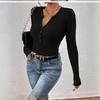 Vente Chaude Haut en Maille Polyvalent à Manches Longues Boutonné Col en V Coupe Ajustée pour Femme