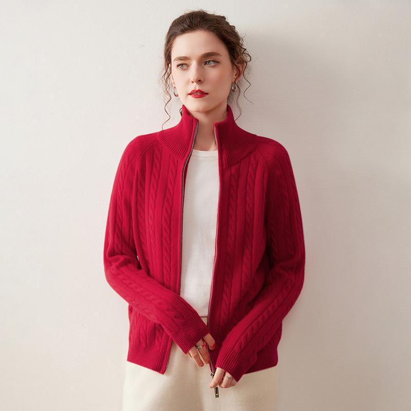 Cashmere Cable Knit Zipper Cardigan - Women's Autumn/Winter 2025, Half-High Neck, Gentle Style.