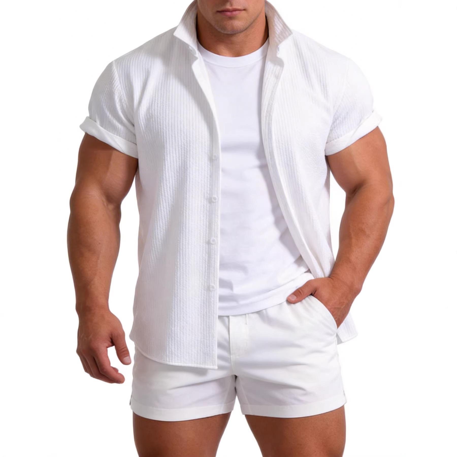 Men S Short Sleeve Solid Color Casual Cotton Blend Shirt S белый