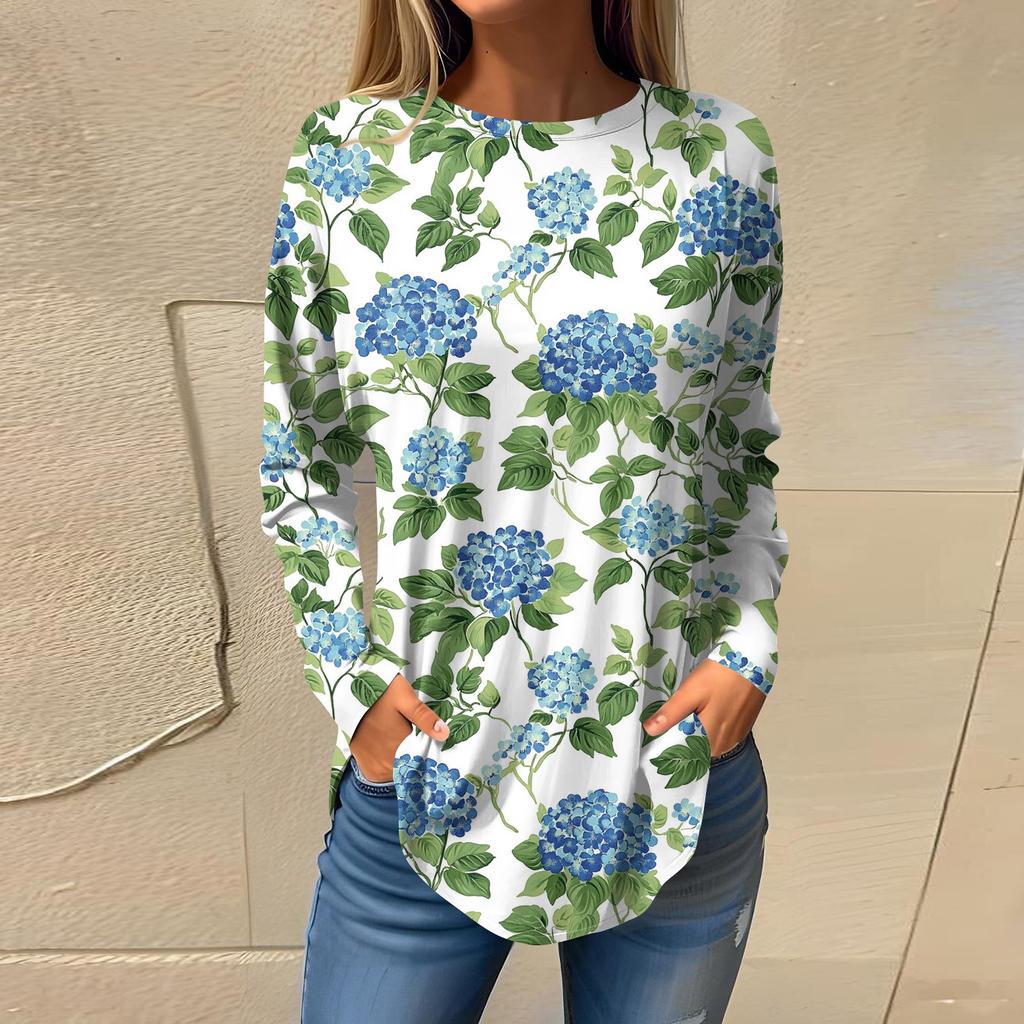 Women's  Loose Casual Flower Printed Round Neck Long Sleeved T Shirt Top Pullover Long Sleeved Sweatshirt