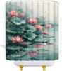 Lotus Shower Curtain Asian Chinese Japanese Oil Painting Green Leaves Elegant Floral Botanical Aesthetic Women Girls Bathroom