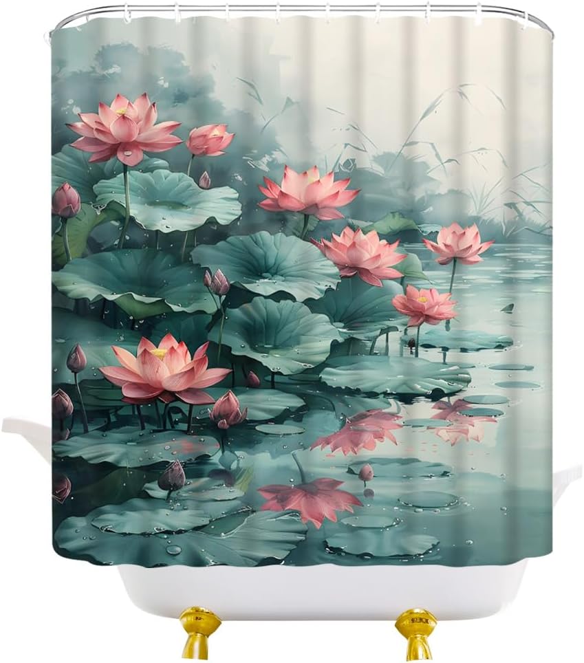 Lotus Shower Curtain Asian Chinese Japanese Oil Painting Green Leaves Elegant Floral Botanical Aesthetic Women Girls Bathroom