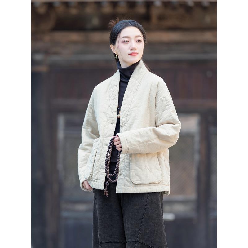 25 Winter Women's Clothing New Ramie Quilted Vertical Grid Shawl Collar Disc Buckle Cotton-padded Warm Cotton-padded Jacket Short Cotton-padded Jacket