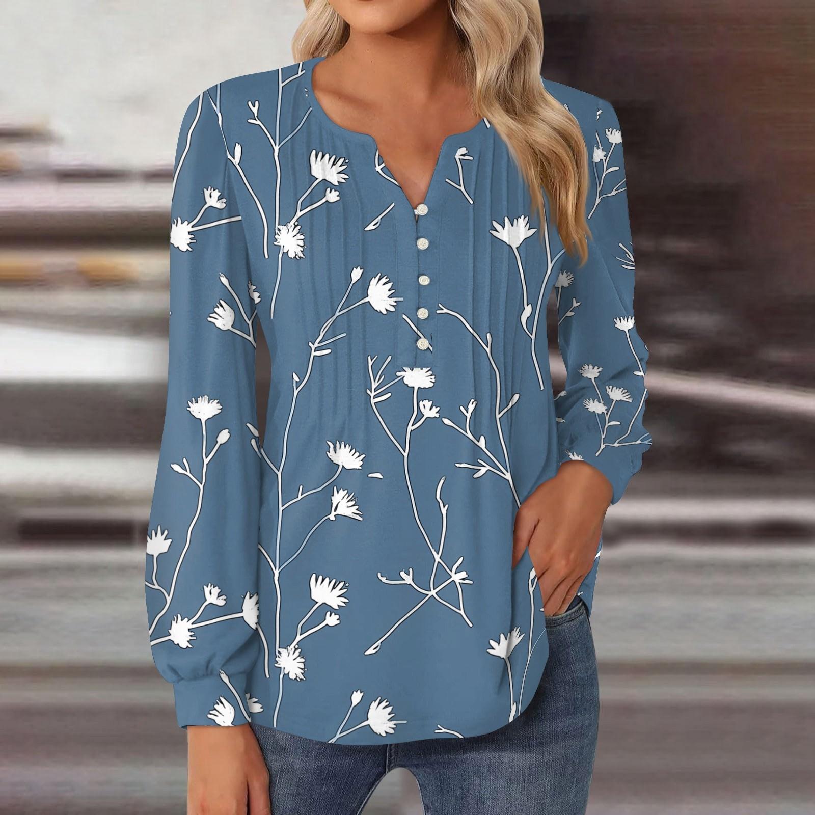 Women s Top Gradient Round Neck Neckline Long Sleeved Pleated Button Up T-shirt XL