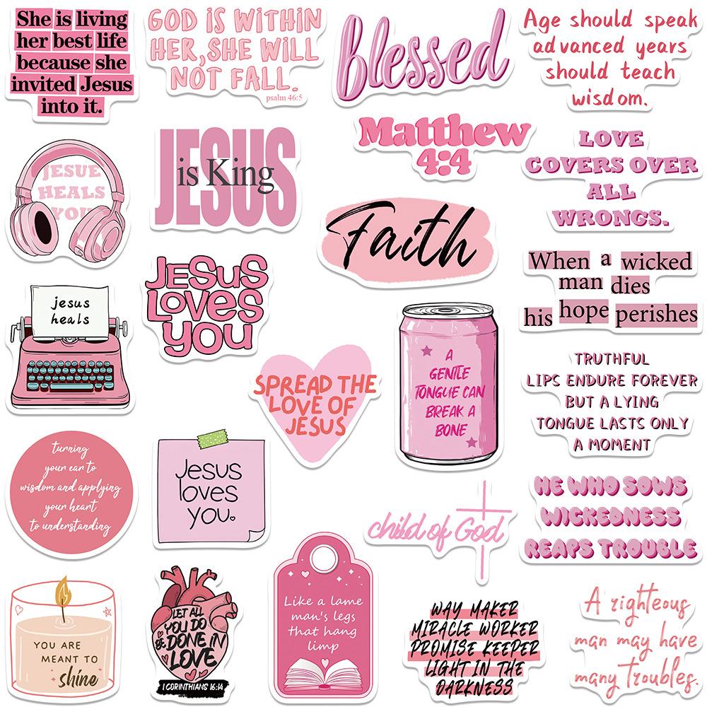 10/30/50pcs Pink Bible Jesus Phrase Stickers Aesthetic Graffiti Decal DIY Notebook Scrapbook Christians Religion Cartoon Sticker