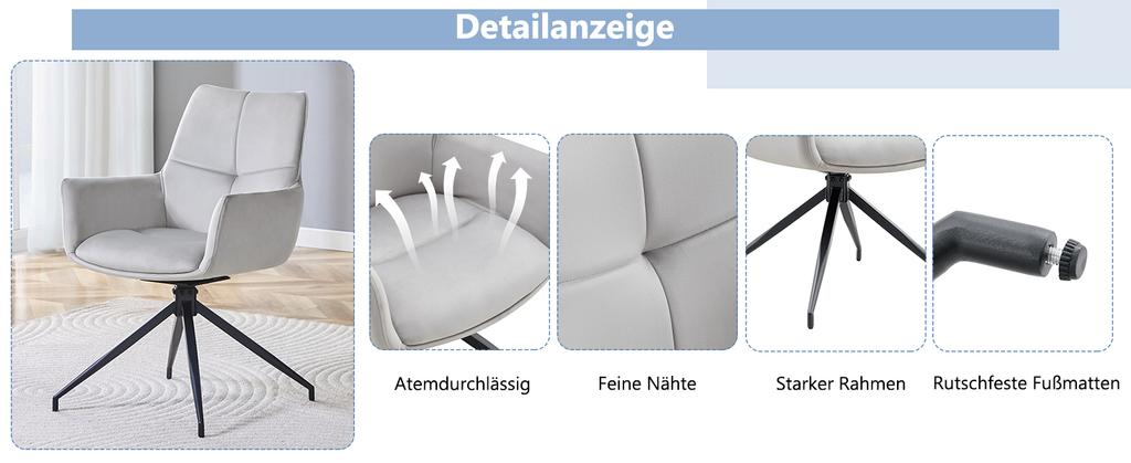 [Set of 2] European 360° Swivel Upholstered Chair: Light Grey Fabric + Black Lacquered Metal Legs, Breathable and Comfortable