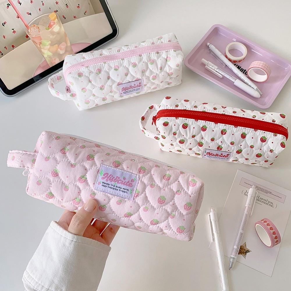 Strawberry Print Pen Bag Quilted Zipper Stationery Organizer Durable Pencil Case