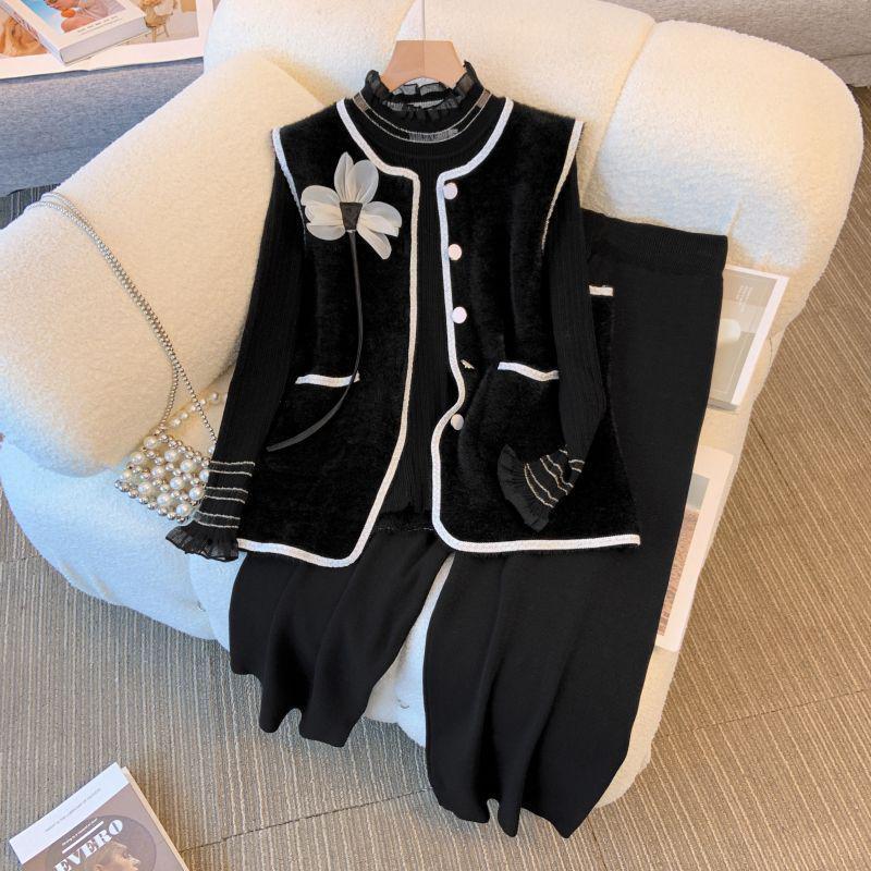 

Spring Houndstooth Vest Three-Piece Knitted Plus Size Set for Middle-Aged and Elderly Women 2XL