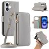 For iPhone 16 Wallet Phone Case Shockproof TPU+PU Leather Flip Cover with Mirror, Strap - Brown
