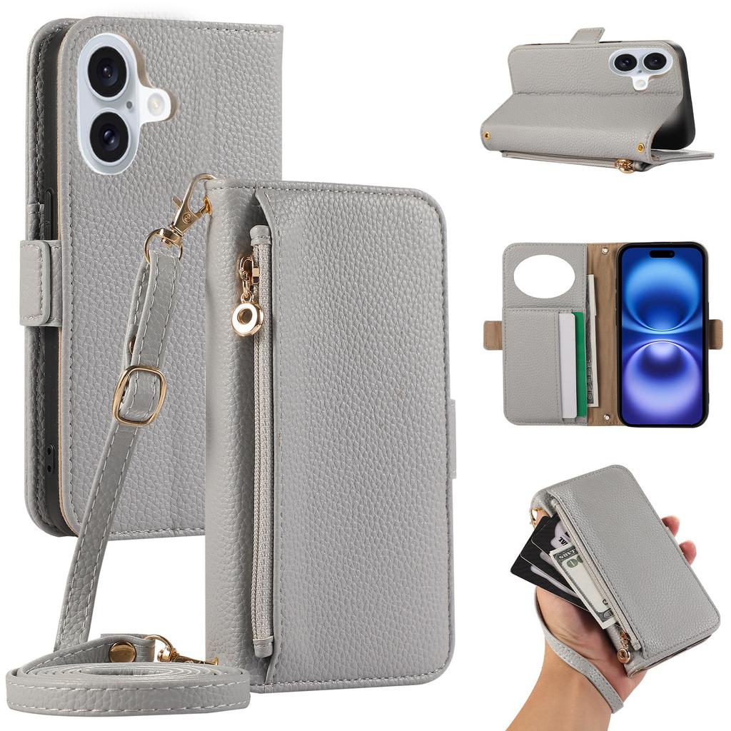For iPhone 16 Wallet Phone Case Shockproof TPU+PU Leather Flip Cover with Mirror, Strap - Brown