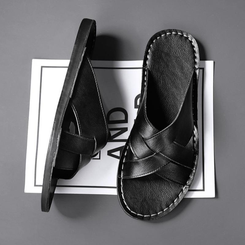Fashion Men's Slippers Fashion Handmade Leather Slipper Summer Beach Slippers Casual Cowhide Slipper Men's Flat Slippers Chanclas Hombre