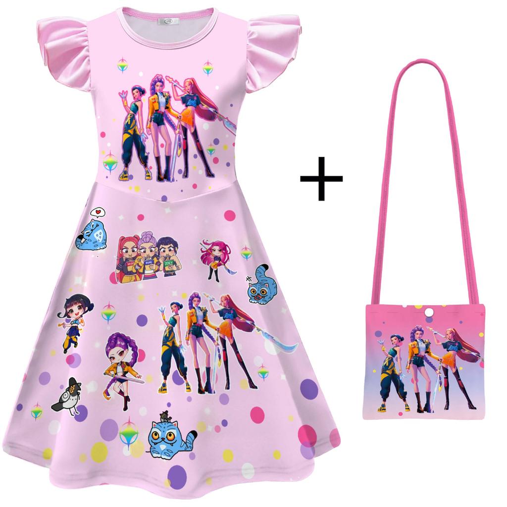 Hexe Jagd Mädchengruppe Kinder Cosplay Flatterärmel Milchseide Kleid mit Tasche