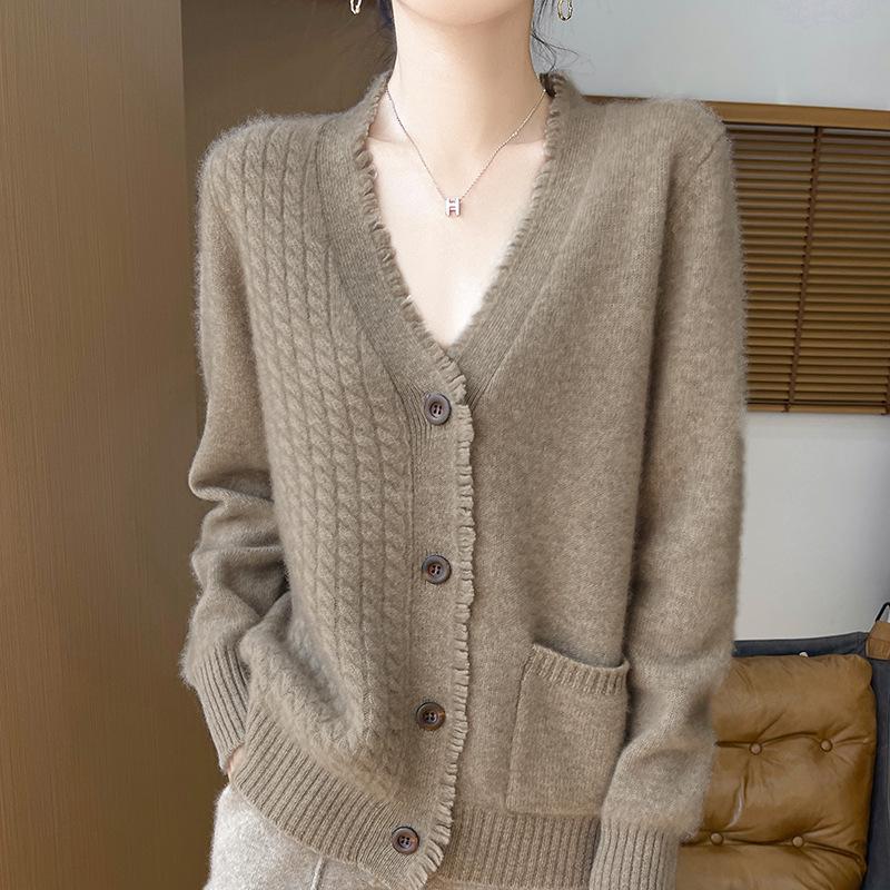Women's 100% Wool V-neck Tassel Edge Cardigan Sweater - Soft, Loose Knit for Spring and Autumn