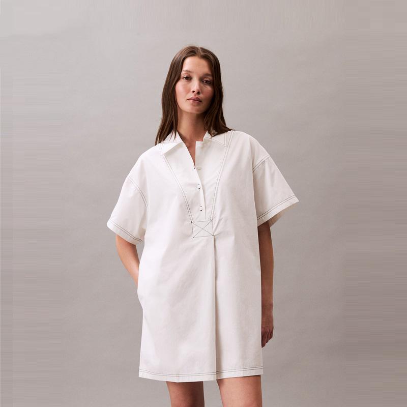 Calvin Klein Vintage Cotton Contrast Stitch Half-Placket Shirt Dress Women Dresses 47C016G