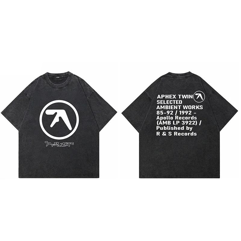 T-Shirt Aphex Twin Washed Black Print Cotton Graphic Oversized Korean Fashion Short Sleeve Tops Tees Y2k Streetwear Clothing Tee