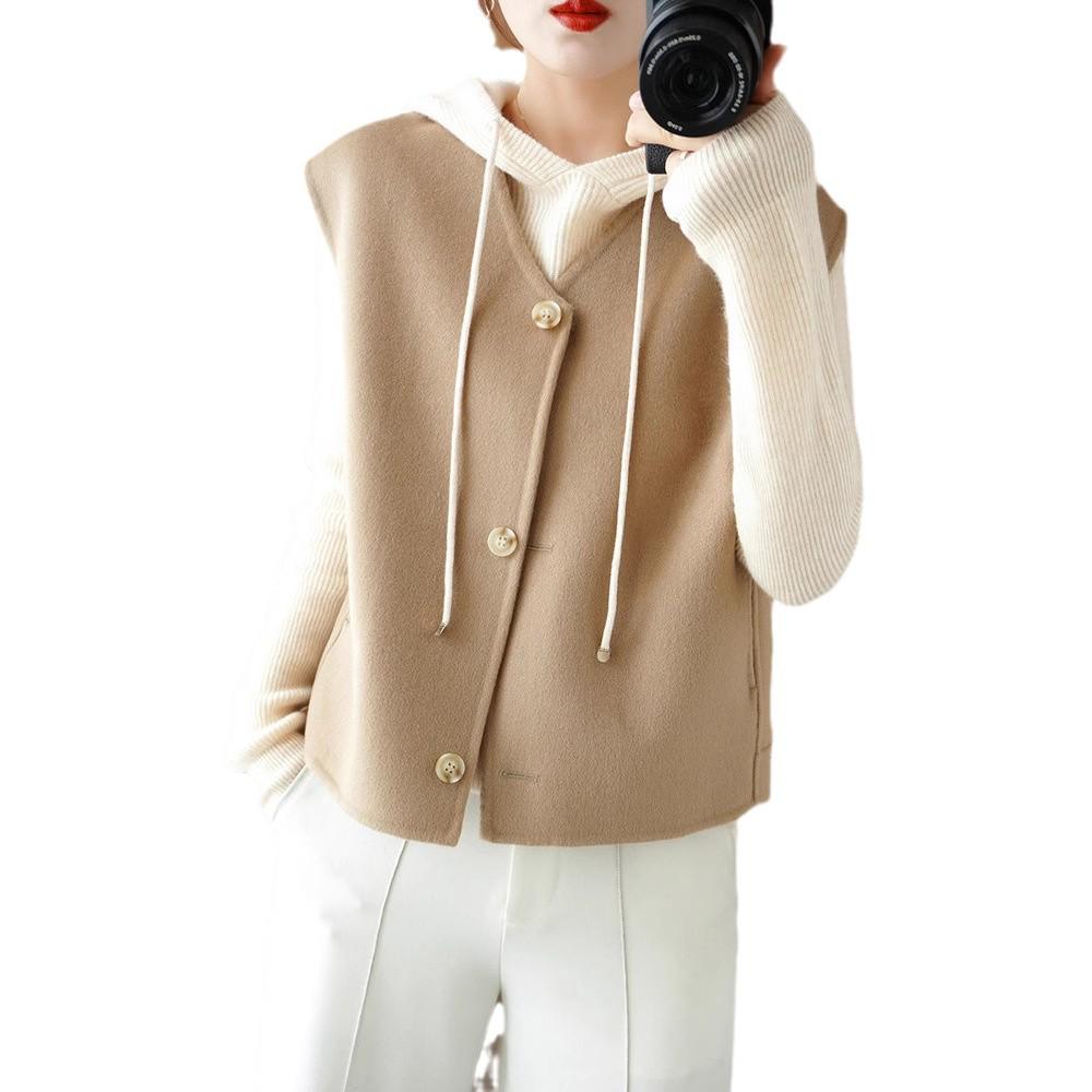 Women's Wool Blend V-Neck Vest: Petite Sleeveless Cardigan with Shoulder Pads, 100% Double-Faced Wool for Autumn & Winter.